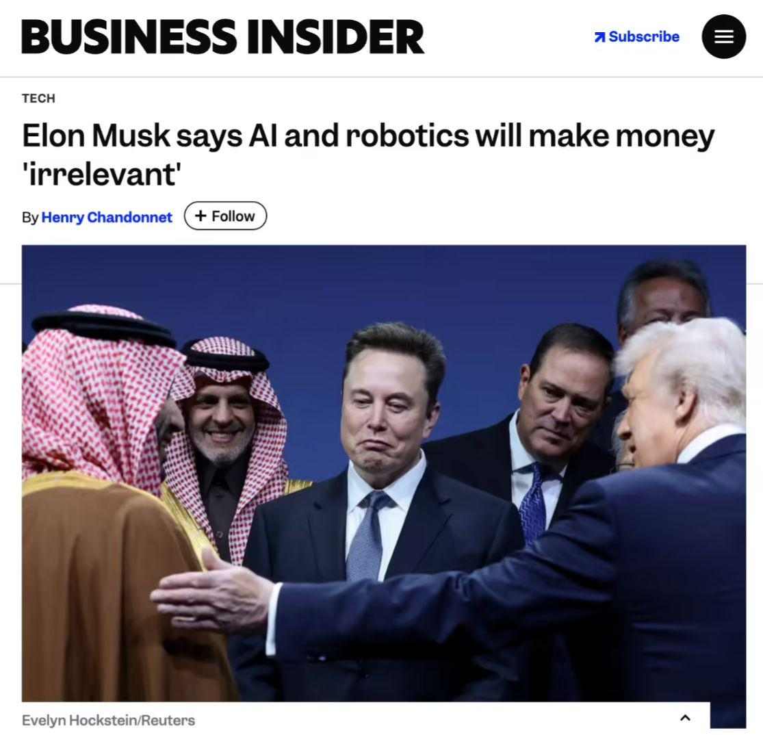 马斯克：AI 和机器人将使金钱无关紧要，工作也会变成可选项